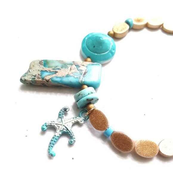 Coastal Cowgirl! Sea Sediment Jasper + Starfish + Shell Beaded Toggle Bracelet - Picture 6 of 9